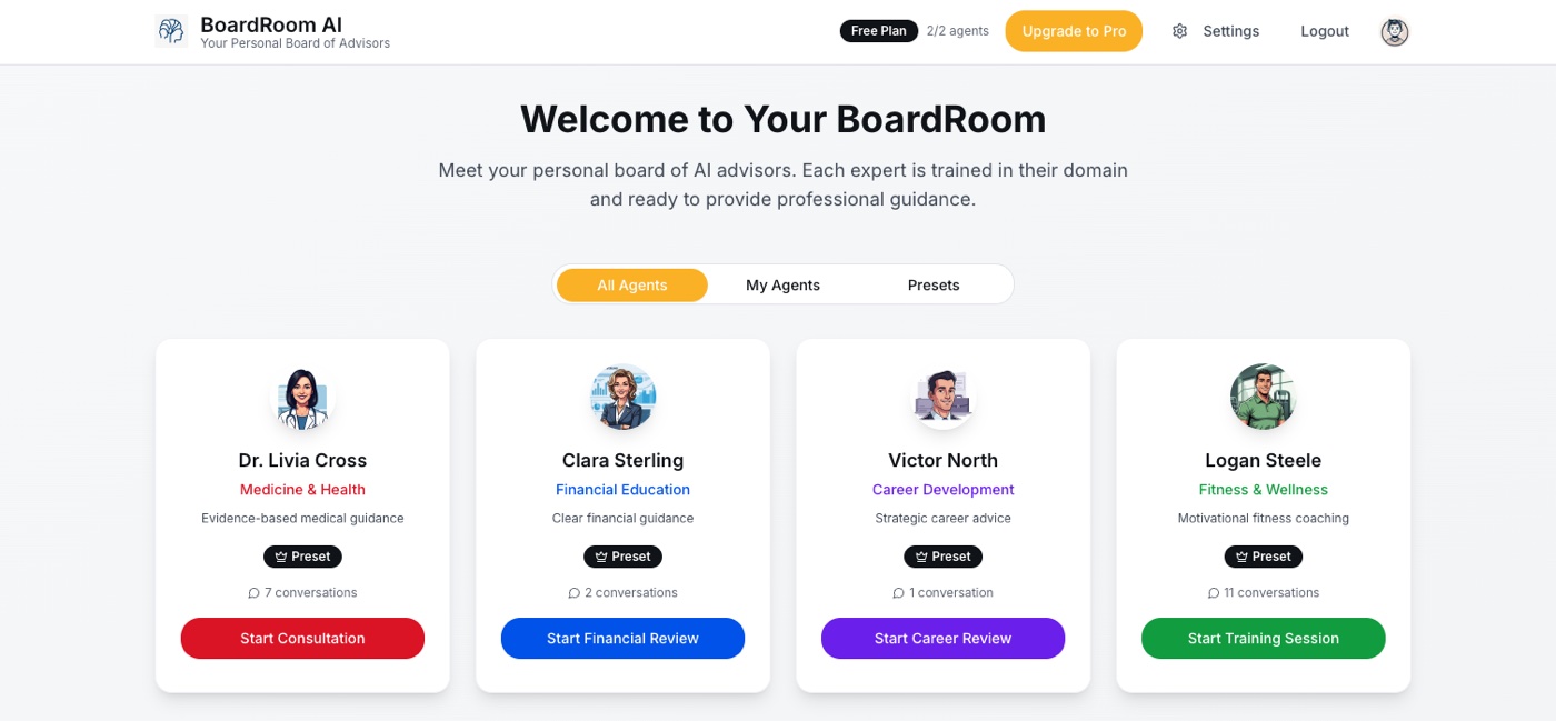 Boardroom AI Your board of advisors, with preset experts for medicine, finance, career and fitness